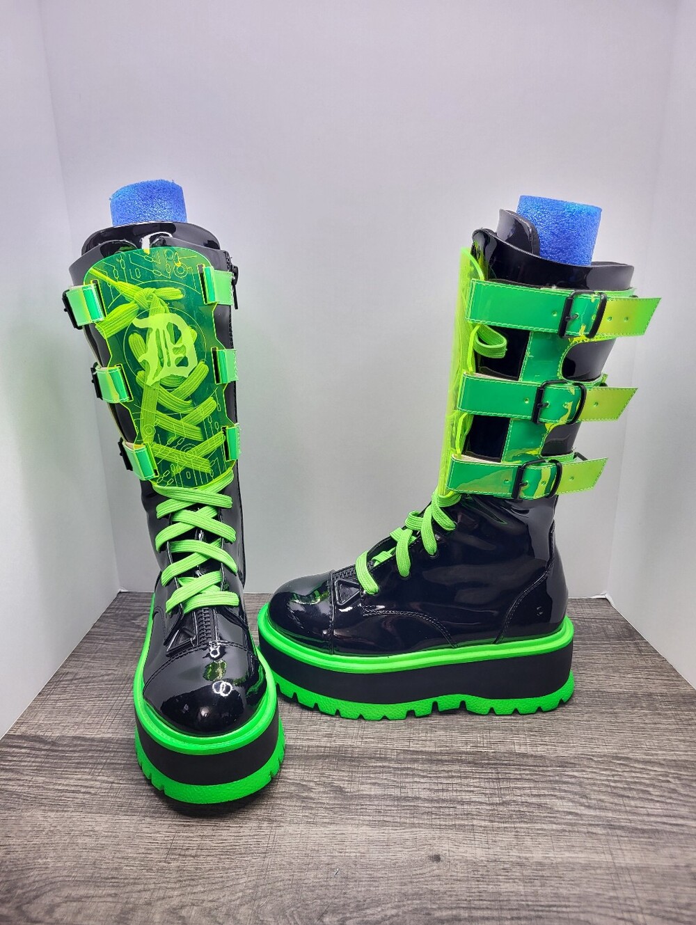 Demonia Slacker 156 UV Green Black Patent Womens 7 Vegan Boots Goth Punk Rave